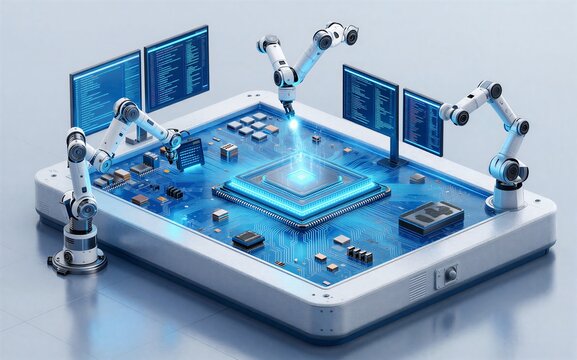 Robots assemble glowing chip on circuit board, surrounded by coding monitors.
