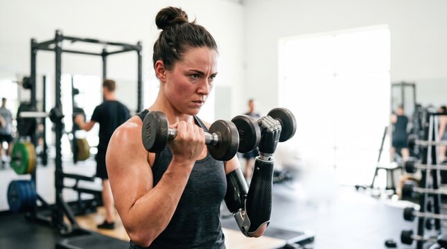 Amputee lifting dumbbell during gym workout training session. Amputee lifting dumbbell routine involves focused strength exercises using prosthetic arm equipment.