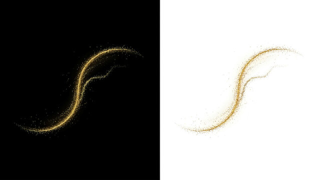 Golden glittering s-curve light trail isolated on black and white backgrounds