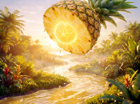 Surreal Tropical Landscape with Glowing Pineapple Sun and Juice River