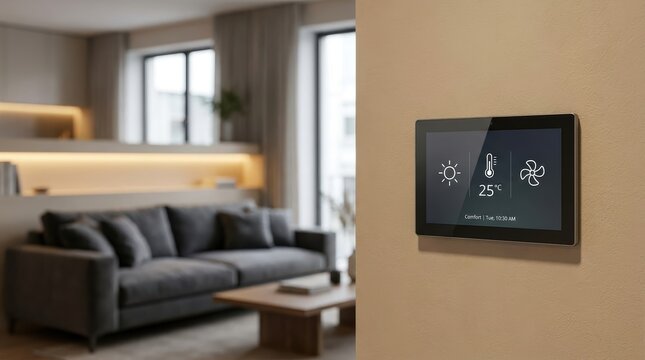 Modern smart home control panel mounted on a wall in a contemporary living room.
