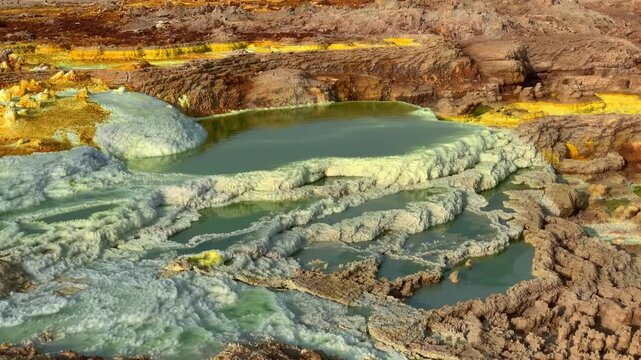 View of the colorful geothermal landscape in Dallol, featuring vibrant mineral deposits and acidic pools in the volcanic region of Ethiopia.