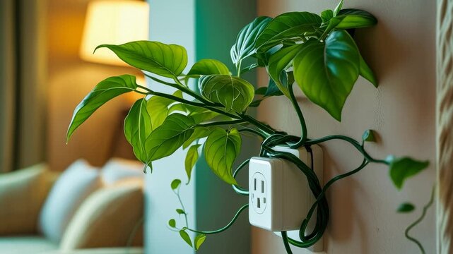 Eco friendly flora botanical house concept, green plant growing from socket on wall AI Generative