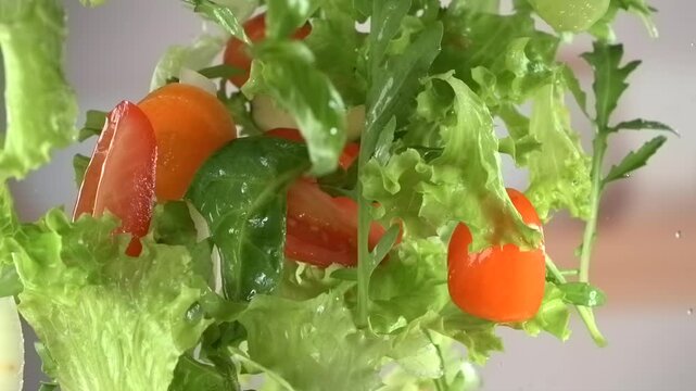 Fresh green salad with tomatoes and cucumbers flying in air in super slow motion