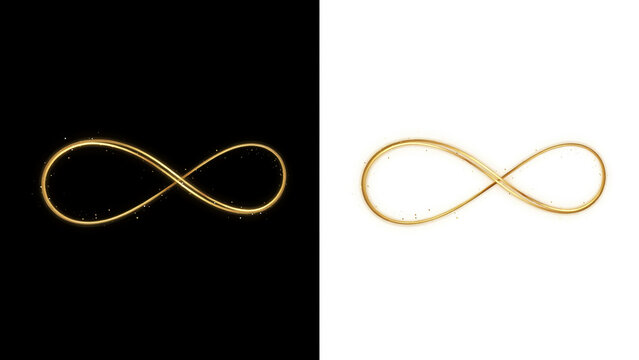 Golden infinity symbol glowing on black and plain on white background, split view
