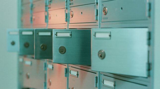 Rows of metal deposit boxes with elegant lines invite curiosity and intrigue