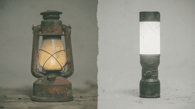 A rustic lantern glows softly beside a bright, sleek flashlight