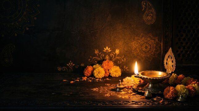 Traditional Indian festive stage setup adorned with bright marigold flower garlands elegant silk drapes hanging brass oil lamps and lit clay diyas