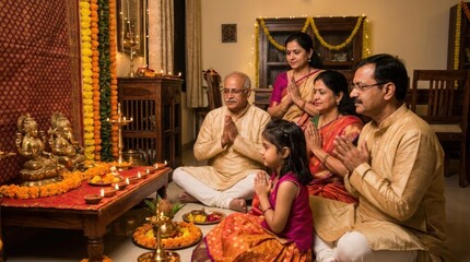 Fototapeta premium An Indian family celebrating a traditional puja festival together at home praying with folded hands before a shrine adorned with lamps and flowers