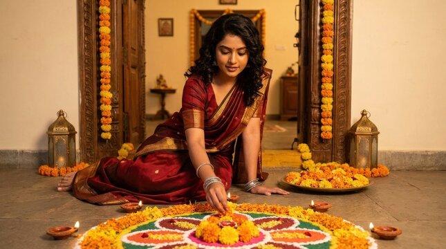 Beautiful Indian woman wearing traditional saree making rangoli decoration