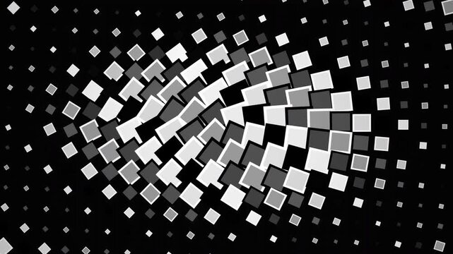 Monochrome geometric squares pattern morphing and spinning in 3D space, concept for digital art, motion graphics and techno background