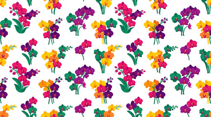 Fototapeta premium Vibrant pink and purple floral sprig repeat pattern.