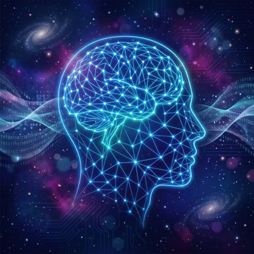 Digital human brain network connection in a glowing deep space cosmic background