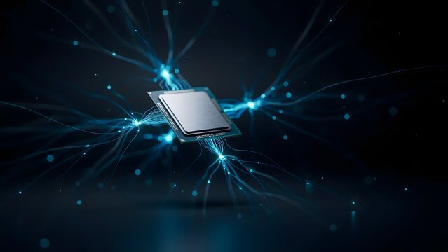 Computer processor chip surrounded by glowing blue data streams &ndash; Great for AI concepts, semiconductor branding, or technology features.