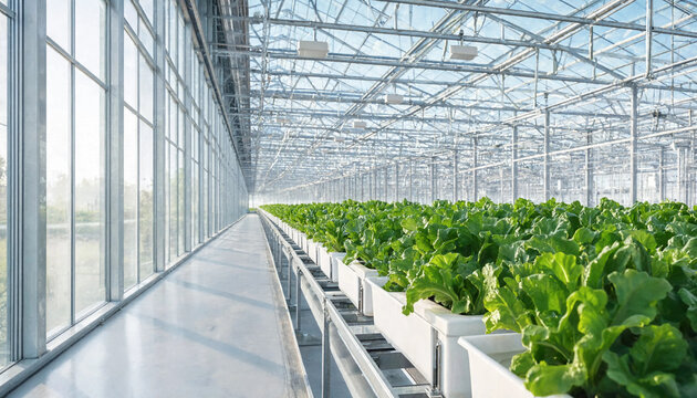 Rows of fresh green lettuce growing in a modern hydroponic greenhouse facility with vertical farming hydroponic greenhouse agriculture vegetable production sustainable technology