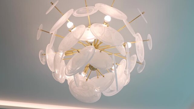 Elegant modern chandelier with intricate glass discs and brass details hanging from the ceiling of a luxury home, creating a sophisticated and warm ambiance for stylish interior design concepts