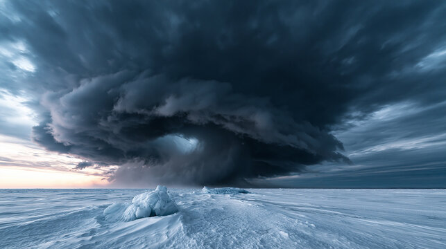 Dramatic Blizzard Storm Cloud Over Frozen Arctic Landscape