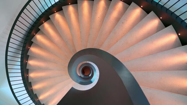 Hypnotic overhead view of a modern spiral staircase with elegant concrete steps and warm built in lights, creating a sense of infinite movement and sophisticated architectural design