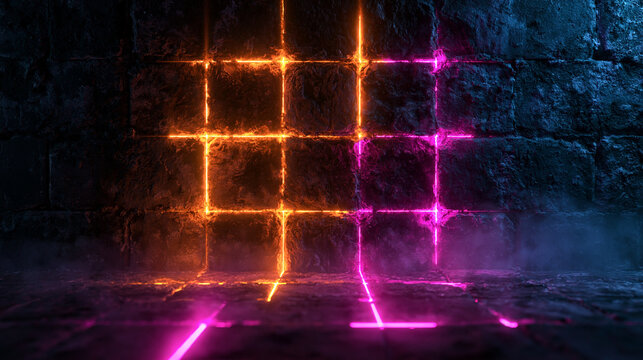 Futuristic Neon Grid Stage on Dark Stone Wall Background
