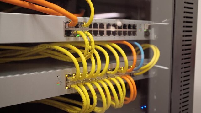 Network switch with blinking green and yellow led lights is working in a server rack. Numerous colorful ethernet patch cords are connected to the ports for transmitting digital data