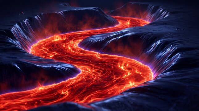 Glowing Molten Lava River Flowing Through Dark Volcanic Rock