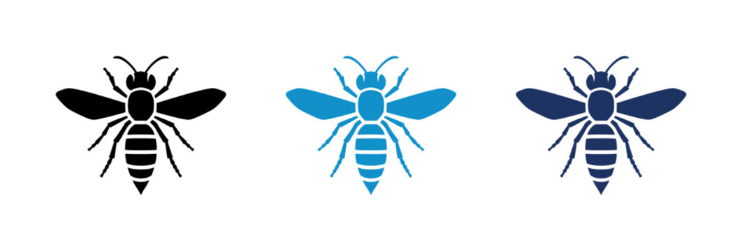 Three stylized bee icons in black and blue shades isolated on white background.