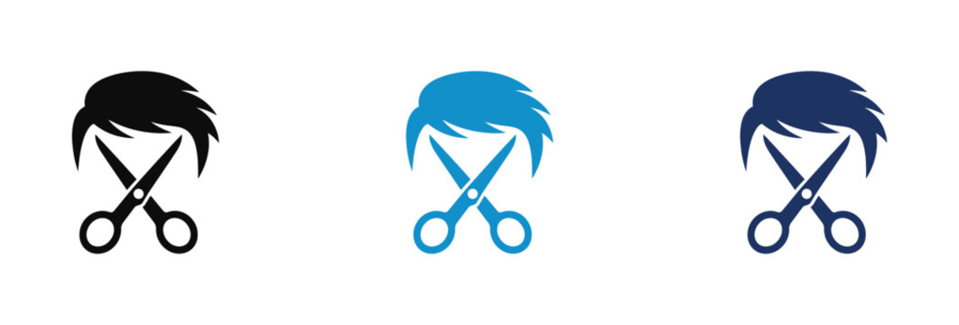 Barber shop logo icons featuring male hairstyle and professional scissors in three colors.