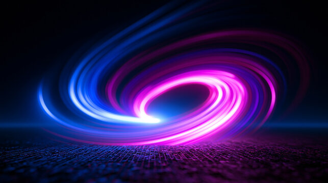 Abstract Neon Glowing Light Swirl Vortex on Dark Background