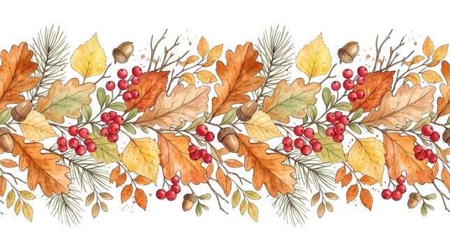 Watercolor autumn leaves and red berries seamless border pattern on a white background for seasonal design projects