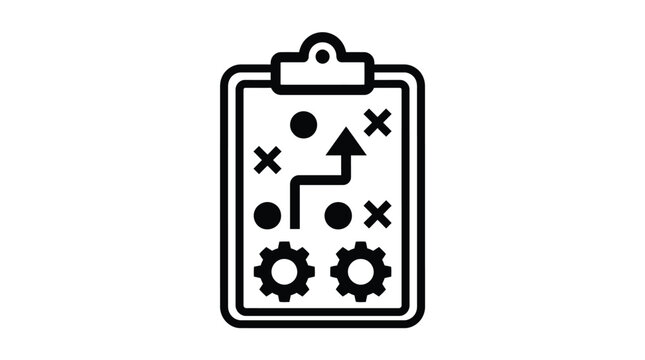 Detailed business strategy clipboard icon featuring tactical arrows, bold cogwheels and clean minimalist vector lines