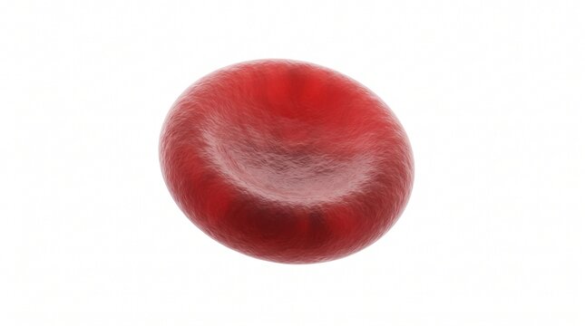 Close-up microscopic view of a single red blood cell, showcasing its biconcave disc shape and vibrant red hue against a clean white background, symbolizing health and life