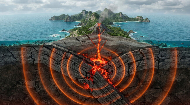 Subducting tectonic plate beneath island chain with magma glow, seismic shockwaves, and fractured basalt in a geological disaster cutaway