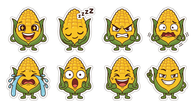 Cute corn character sticker set with various facial expressions