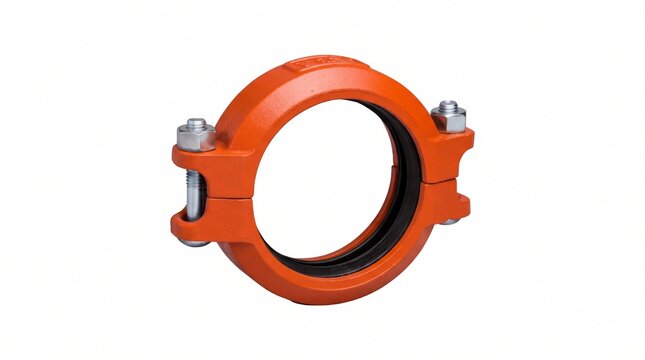 Victaulic grooved pipe coupling housing. Cast ductile iron clamp with orange anti-corrosion epoxy. Fluid handling pipeline hardware isolated on white.
