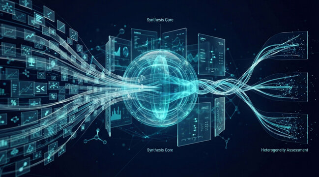 Layered study fragments flow into a transparent synthesis core with evidence panels, data ribbons, and scattering heterogeneity in a medical research visualization.