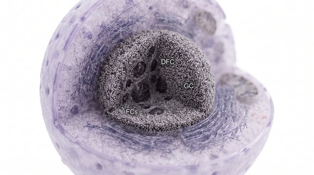 3D model cross-section of a biological cell nucleus showing internal nucleolus and genetic structure