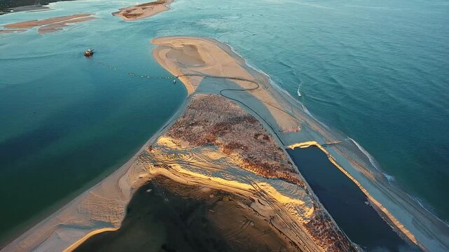Aerial view of a dredging operation replenishing a sandy beach with a suction dredger vessel and a long pipe pumping sand from the sea to combat coastal erosion in ria formosa, algarve