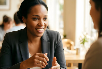 Obraz premium Corporate collaboration and professional networking, smiling african american businesswoman having a business meeting with a colleague in a bright cafe