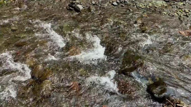 Close-up of flowing stream water rippling over colorful pebbles and submerged rocks, detailed aquatic texture background ideal for freshwater, nature, relaxation, and environmental content.