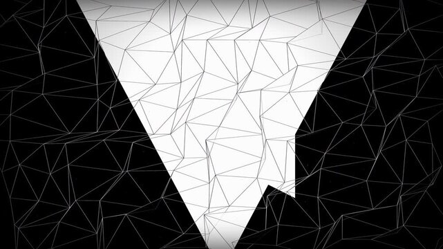 Abstract geometric triangle rotating on black wireframe mesh background, concept for digital design, technology and modern art