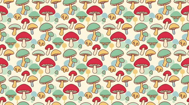 Whimsical forest mushroom seamless pattern on cream