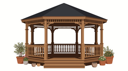 Obraz premium Classic Octagonal Wooden Garden Gazebo with Decorative Railings Pitched Roof and Timber Columns, Elegant Outdoor Architecture Vector Illustration