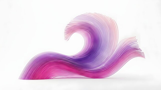 Abstract sculptural wave made of hundreds of thin translucent layers, gradient from magenta pink to violet and pale lavender, clean white background, soft ambient lighting, elegant flowing movement.