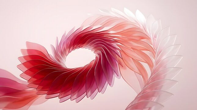 Organic abstract spiral composed of repeating translucent leaf-like shapes, rich red fading into pink and white, pale blush background, soft highlights and delicate shadows, futuristic floral geometry