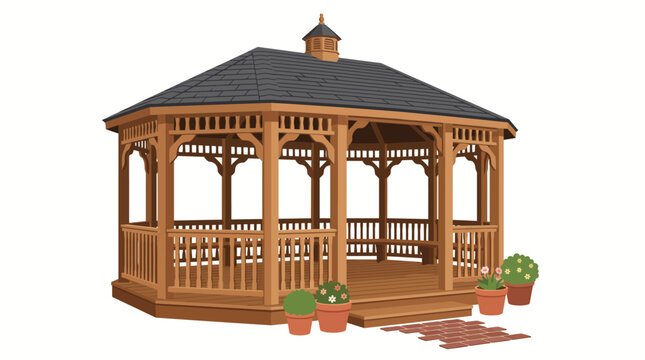 Classic Octagonal Wooden Garden Gazebo with Decorative Railings Pitched Roof and Timber Columns, Elegant Outdoor Architecture Vector Illustration