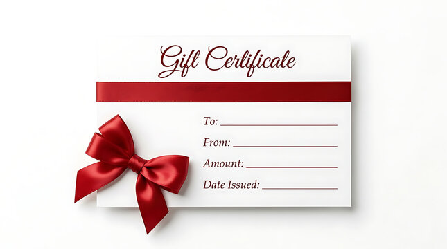 Blank gift certificate card voucher template with elegant red ribbon bow on white
