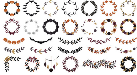 Fototapeta premium Autumn Wreath Collection, Hand-Drawn Floral Frames, Fall Border Decorations, Vintage Leaf Garlands, Vector Illustration Set for Design isolated PNG with Transparent Background Halloween Editable