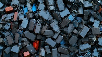 Fototapeta premium Dense pile of discarded black plastic electronic components and printer ink cartridges, representing electronic waste and environmental pollution.