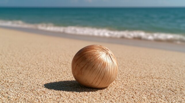Natural spherical seed pod resting on a pristine sandy beach with turquoise ocean waves in the background