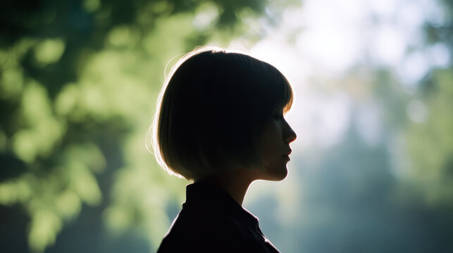 Silhouette woman profile bob haircut nature sunlight analog nostalgia halftone grainy print design